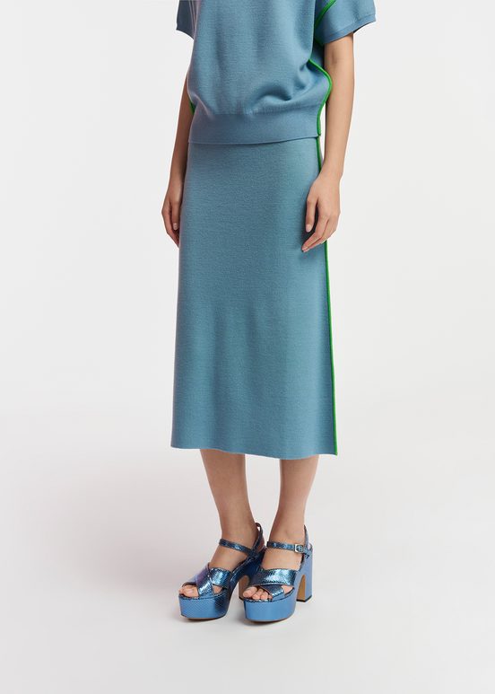 Blue knitted skirt with green piping