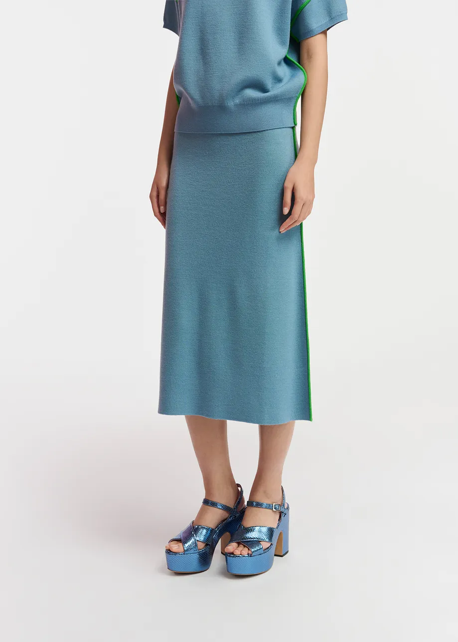 Blue knitted skirt with green piping