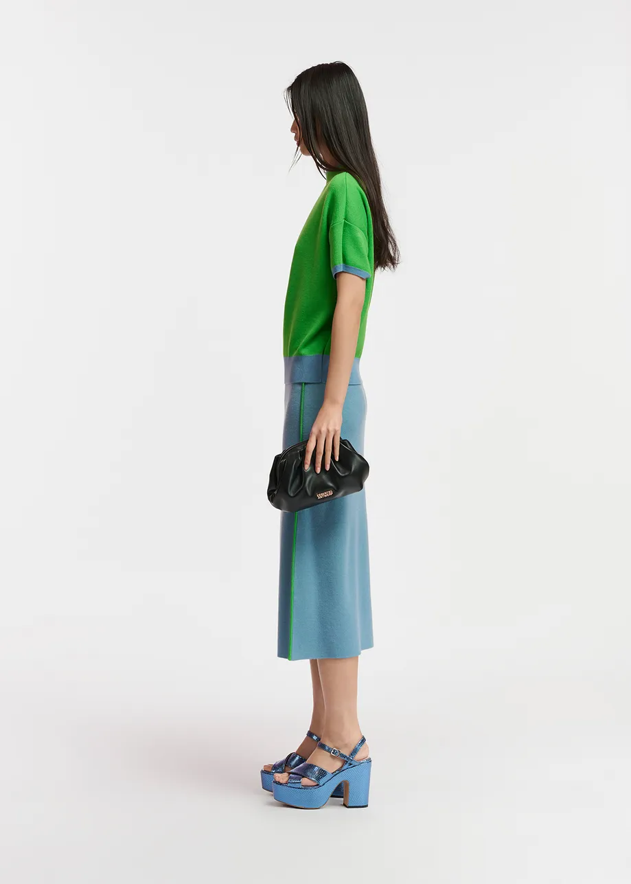 Blue knitted skirt with green piping