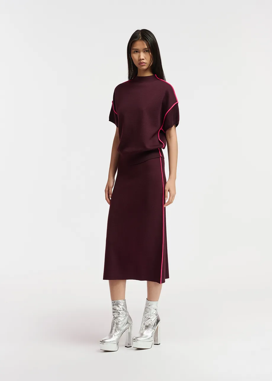 Burgundy knitted skirt with neon pink piping