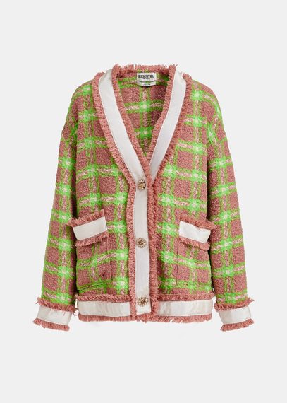 Cardigan à carreaux brun clair, vert fluo et blanc cassé