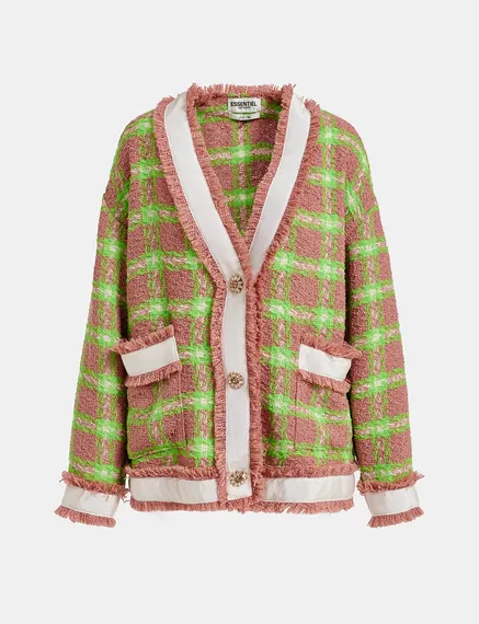 Cardigan à carreaux brun clair, vert fluo et blanc cassé