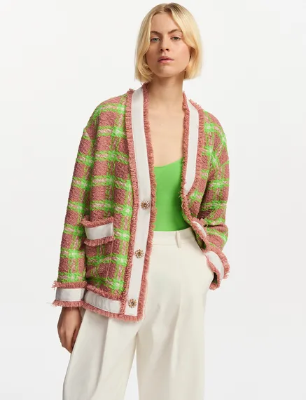 Cardigan à carreaux brun clair, vert fluo et blanc cassé