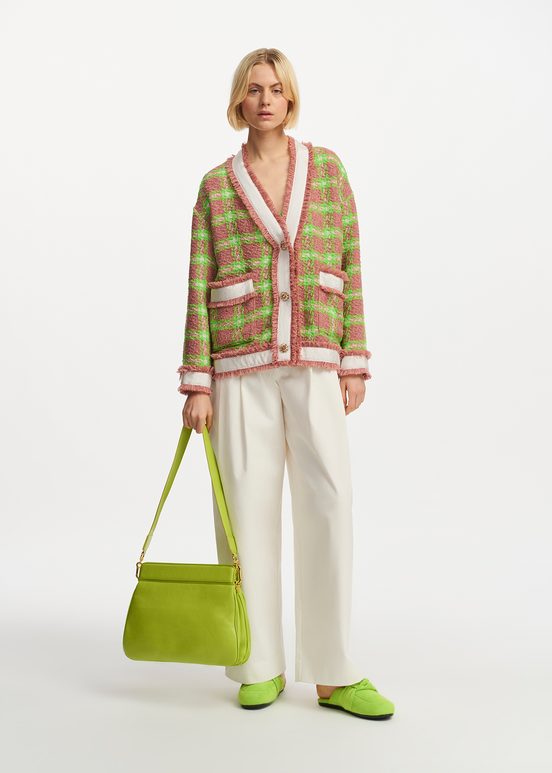 Light brown, neon green and off-white checked cardigan