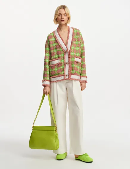 Light brown, neon green and off-white checked cardigan