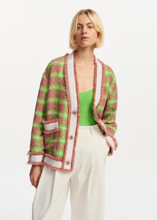 Light brown, neon green and off-white checked cardigan