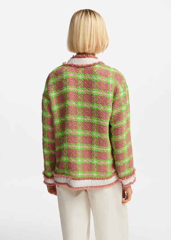 Light brown, neon green and off-white checked cardigan