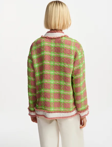 Light brown, neon green and off-white checked cardigan