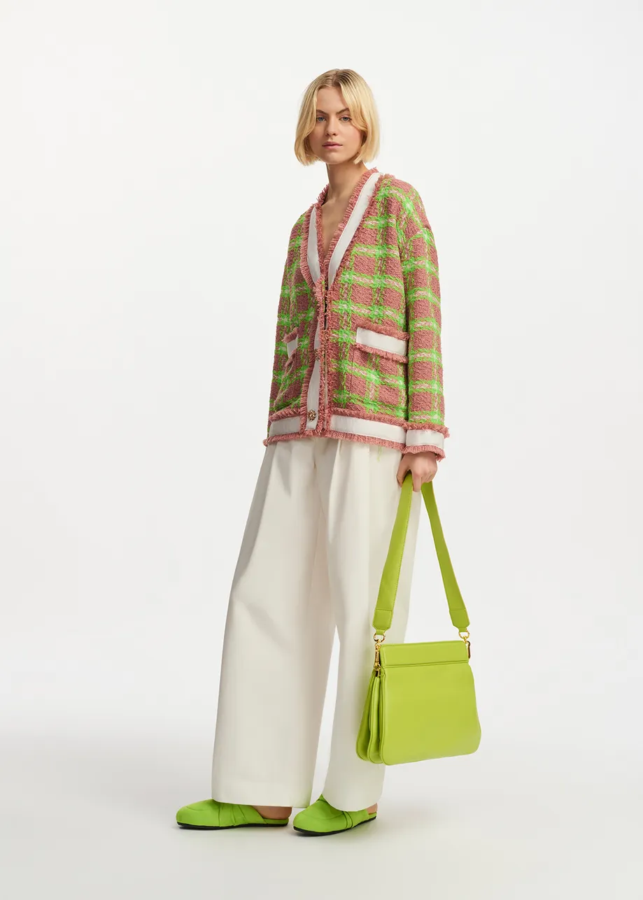 Light brown, neon green and off-white checked cardigan
