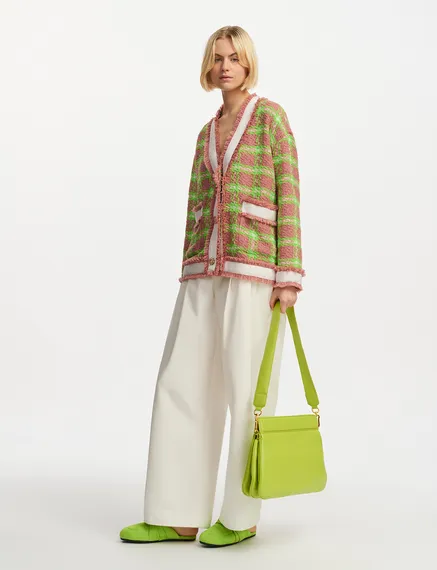 Light brown, neon green and off-white checked cardigan