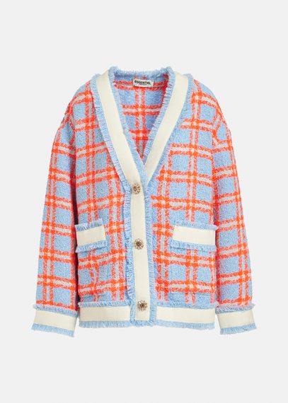 Cardigan à carreaux bleu clair, orange fluo et blanc cassé