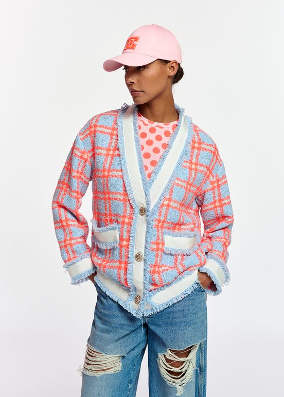 Light blue, neon orange and off-white checked cardigan