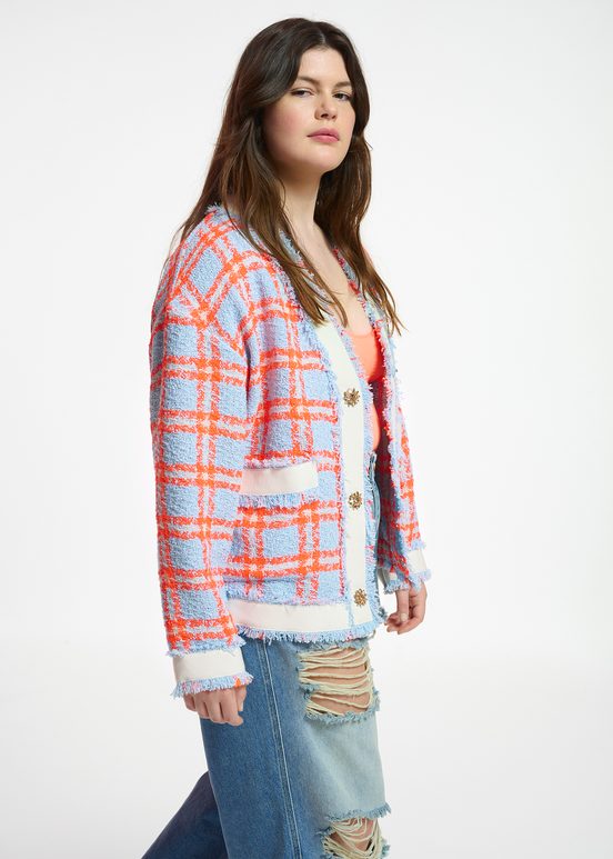 Light blue, neon orange and off-white checked cardigan