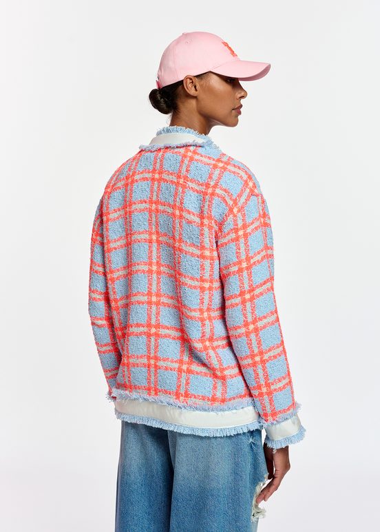 Light blue, neon orange and off-white checked cardigan