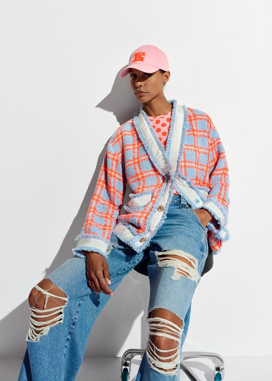 Light blue, neon orange and off-white checked cardigan