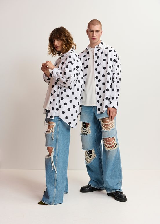 White and black polka-dot cotton shirt