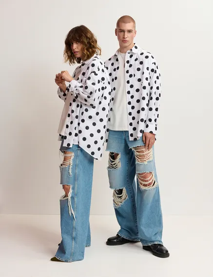 White and black polka-dot cotton shirt