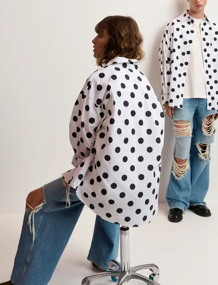 White and black polka-dot cotton shirt