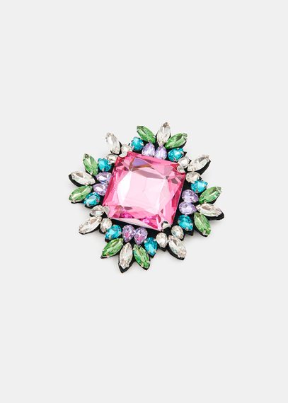 Broche en strass rose, vert et argent