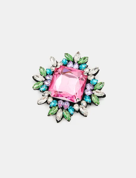 Broche en strass rose, vert et argent