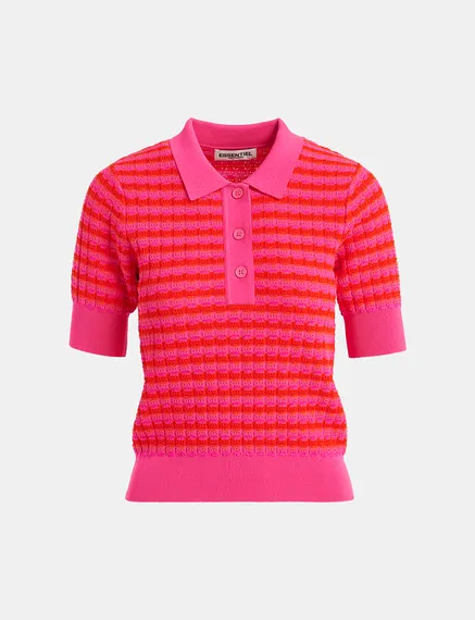 Pink and red striped knitted polo top