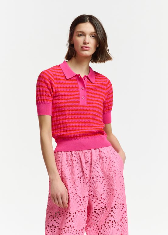 Polo en tricot rayé rose et rouge