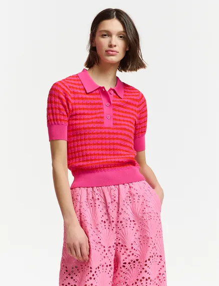 Pink and red striped knitted polo top