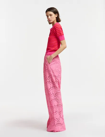 Pink and red striped knitted polo top