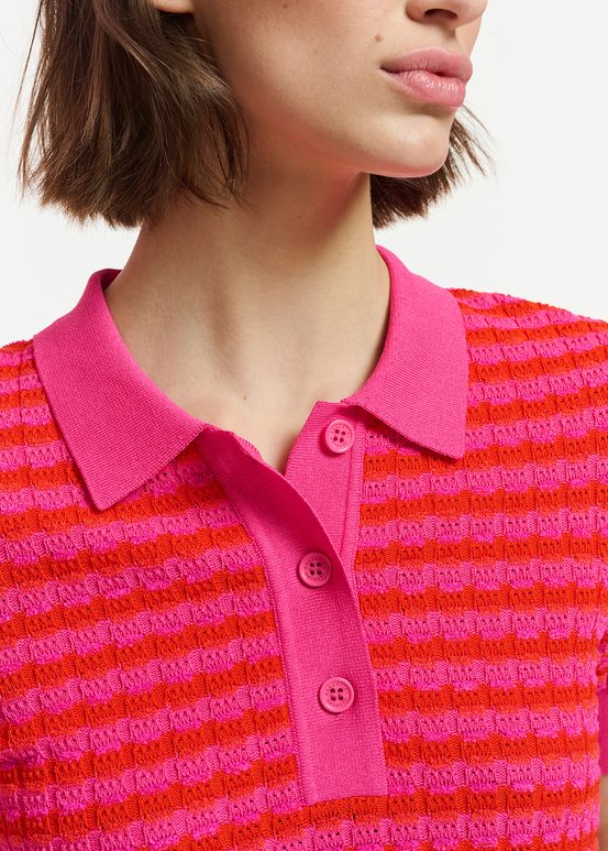 Pink and red striped knitted polo top