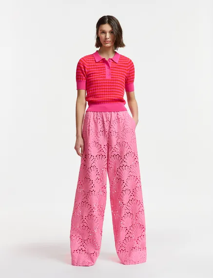 Pink and red striped knitted polo top