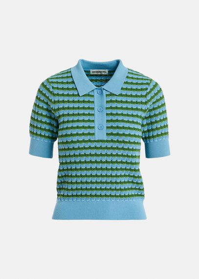 Blue and green striped knitted polo top