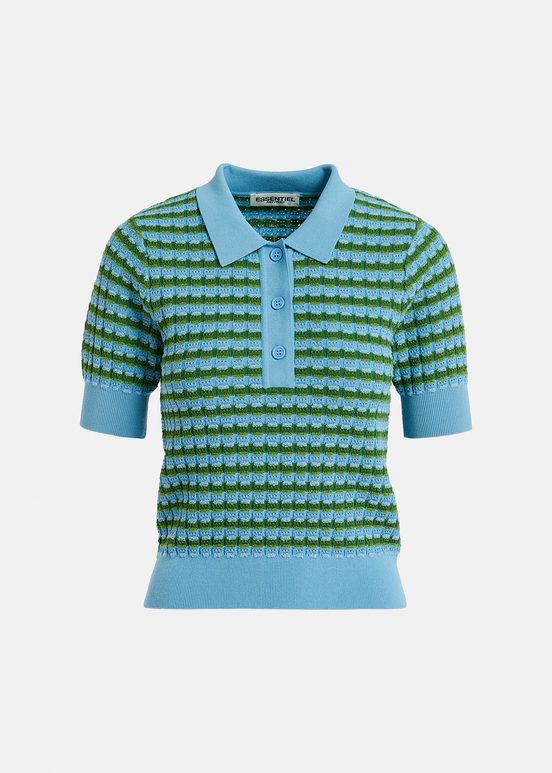 Blue and green striped knitted polo top