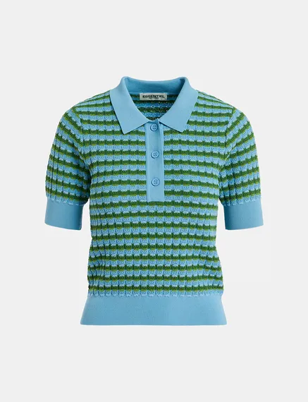 Blue and green striped knitted polo top