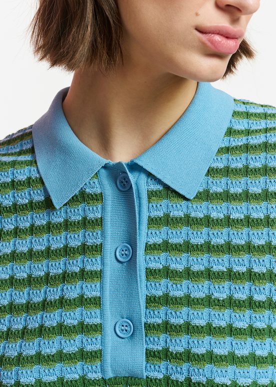 Blue and green striped knitted polo top