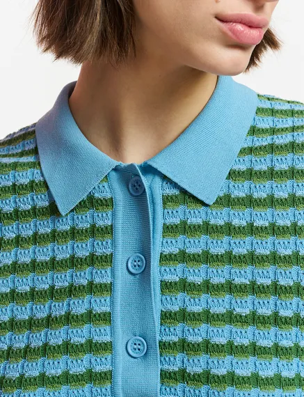 Blue and green striped knitted polo top