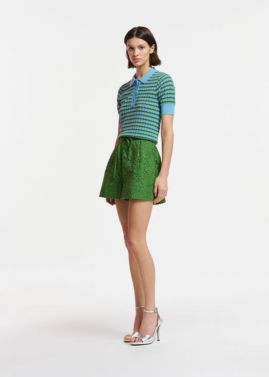 Blue and green striped knitted polo top