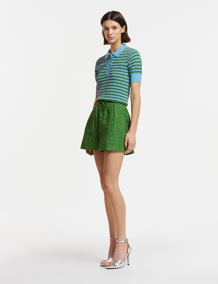 Blue and green striped knitted polo top