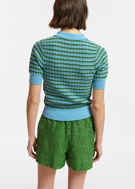 Blue and green striped knitted polo top