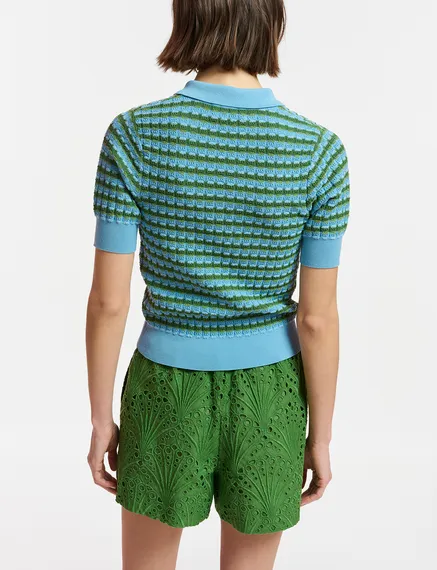 Blue and green striped knitted polo top