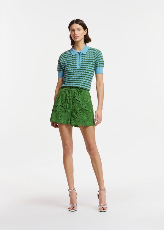 Blue and green striped knitted polo top