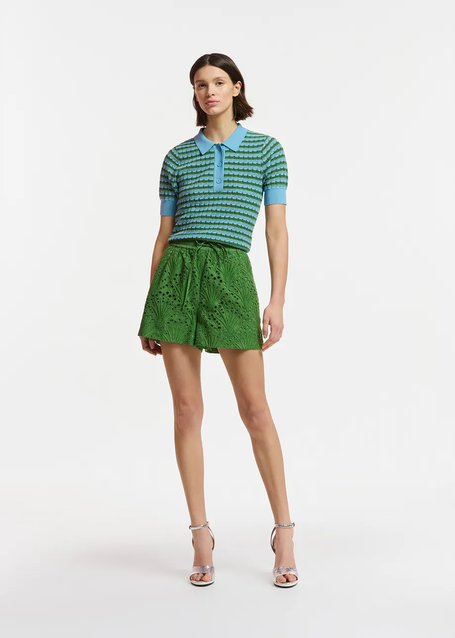 Blue and green striped knitted polo top