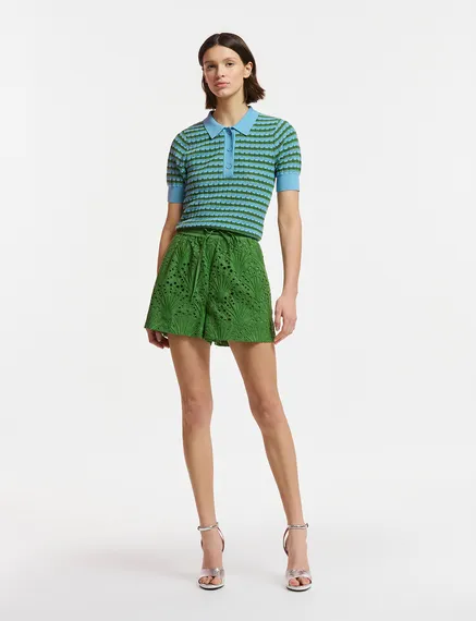 Blue and green striped knitted polo top