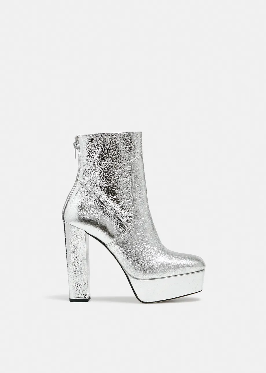 Silver metallic leather platform boots
