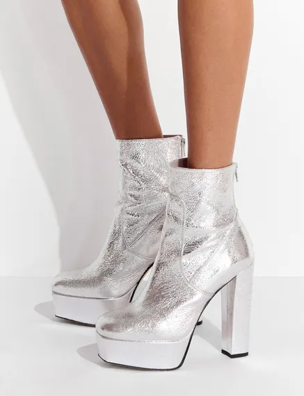 Silver metallic leather platform boots