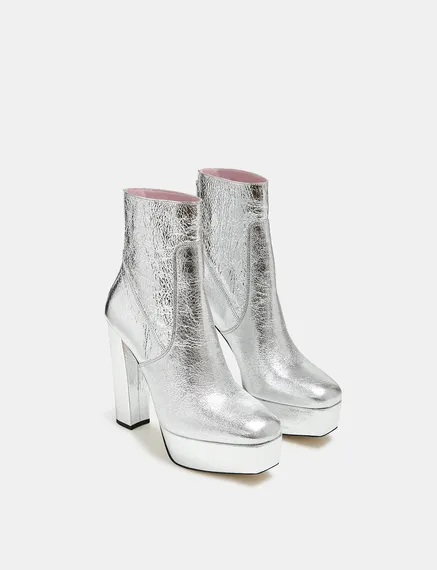 Silver metallic leather platform boots