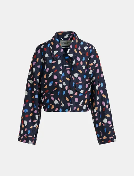 Navy blue cropped jacket with abstract print