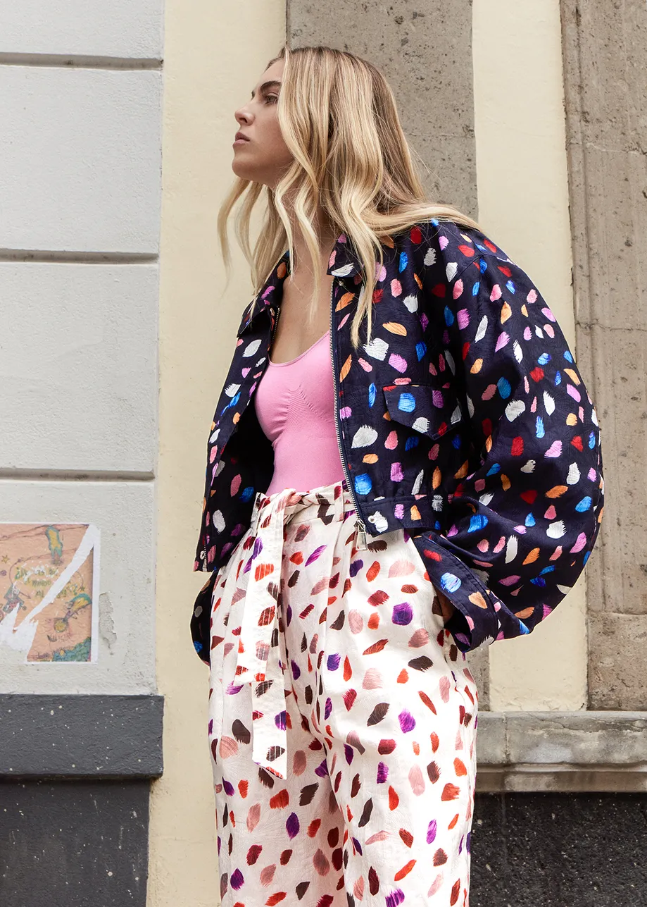 Navy blue cropped jacket with abstract print
