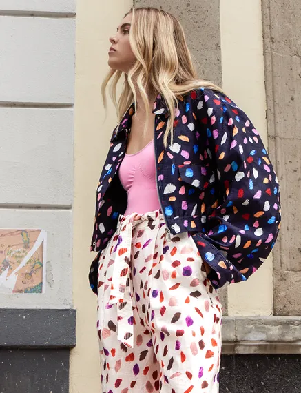 Navy blue cropped jacket with abstract print