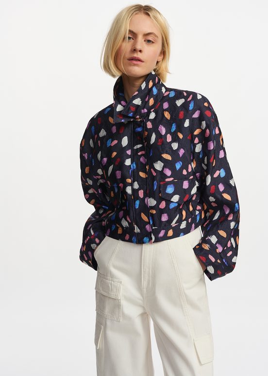 Navy blue cropped jacket with abstract print