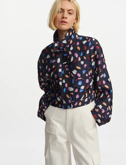 Navy blue cropped jacket with abstract print